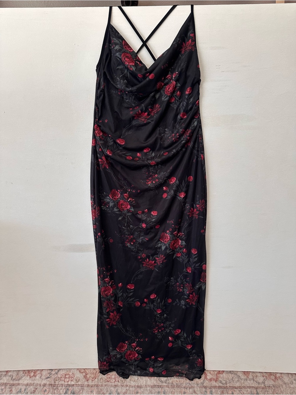 Black Floral Slip Dress with Red Rose Print